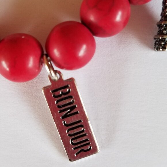 Hand Crafted Paris Red Gemstone Charm Bracelet 6.25" Stretch - Picture 7 of 9